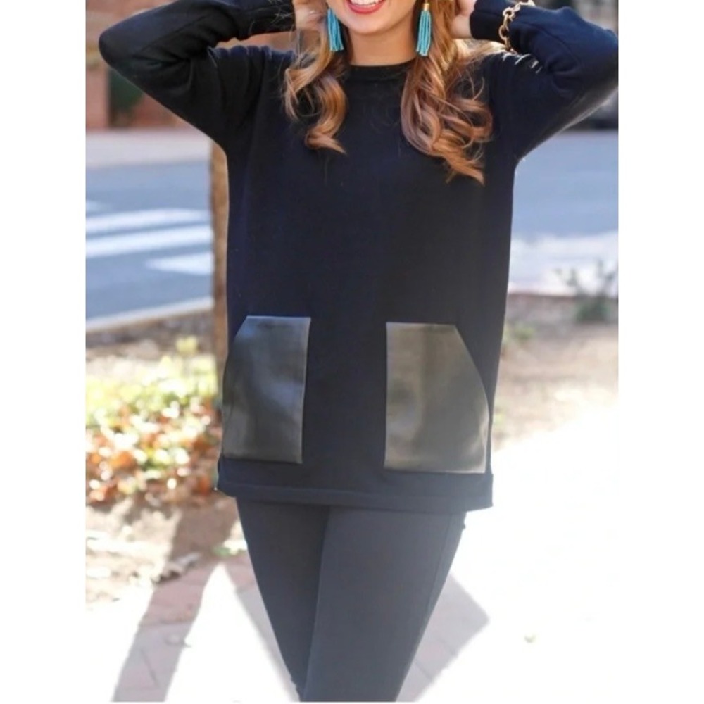 J.Crew Merino Wool Tunic Sweater M Black Genuine Leather Pocket Quiet Luxury